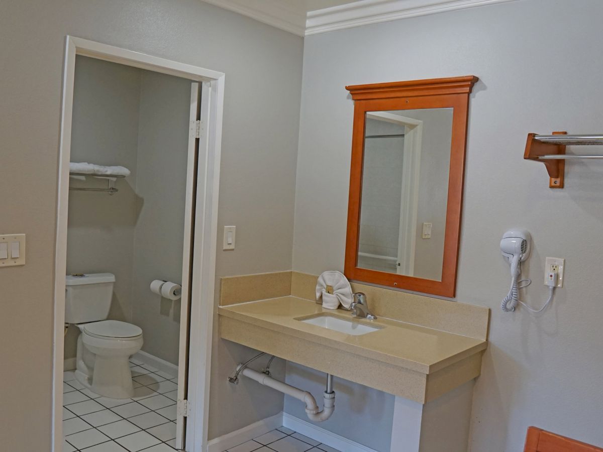 A clean bathroom with a toilet, sink, mirror, wall-mounted hair dryer, towel rack, and a partially open door leading to the toilet area.