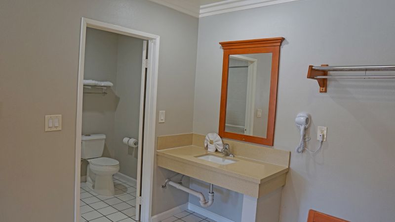 A bathroom with a sink, mirror, and toilet