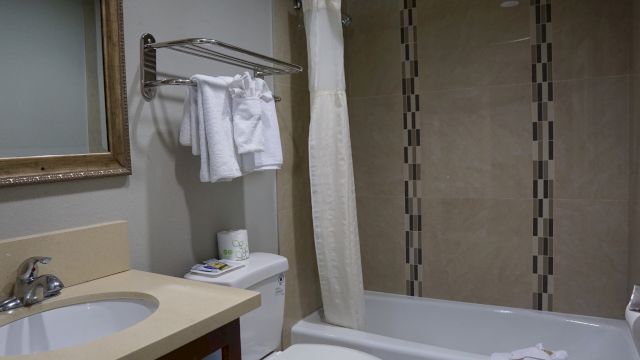 A standard bathroom with a sink, mirror, shower, and bathtub.