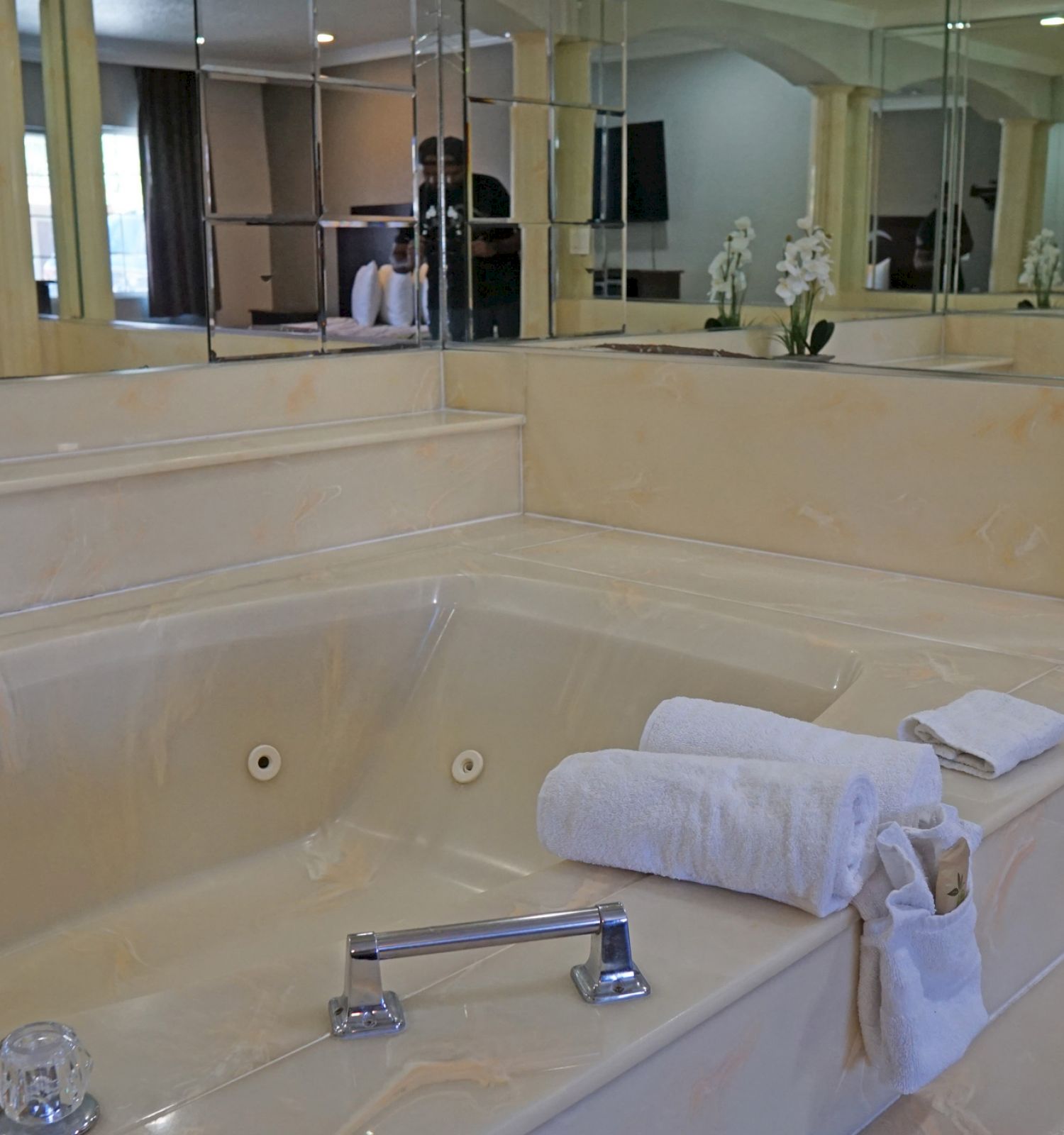 The image shows a luxurious bathroom with a large bathtub. Towels are neatly placed by the tub, and several mirrors and plants are visible.