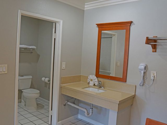A bathroom with a sink, toilet, and mirror