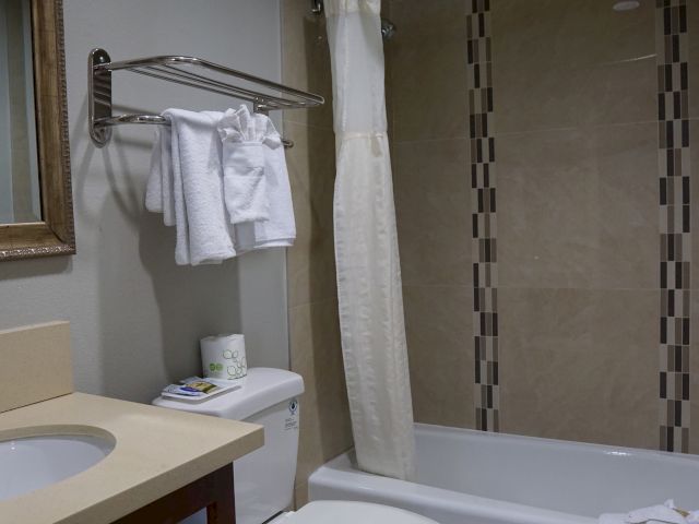 A bathroom with a tiled shower, tub, toilet, and towels