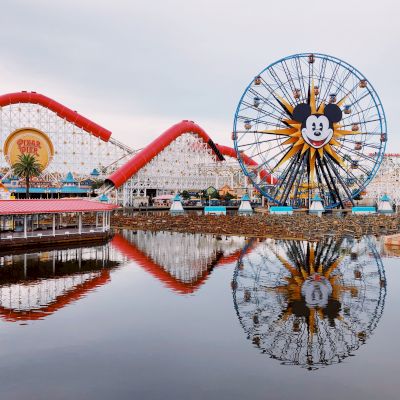 The image features a theme park with a large Ferris wheel, a roller coaster, palm trees, and the attractions reflected in a body of water.